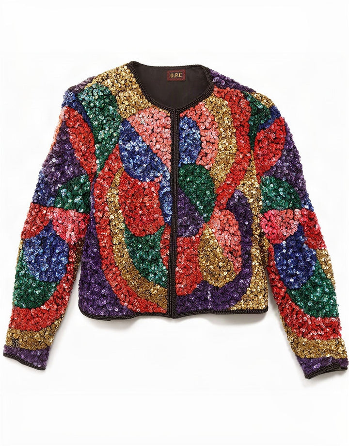 Jaqueta Bolero aberta feminina O.P.C Reino Unido 12 seda colorblock média multicolorida