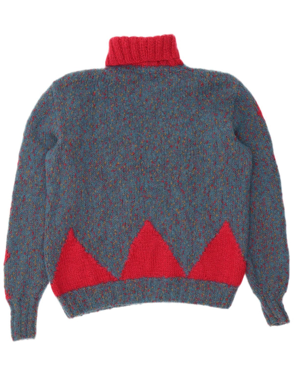 Suéter feminino vintage com gola redonda Reino Unido 14 grande azul geométrico