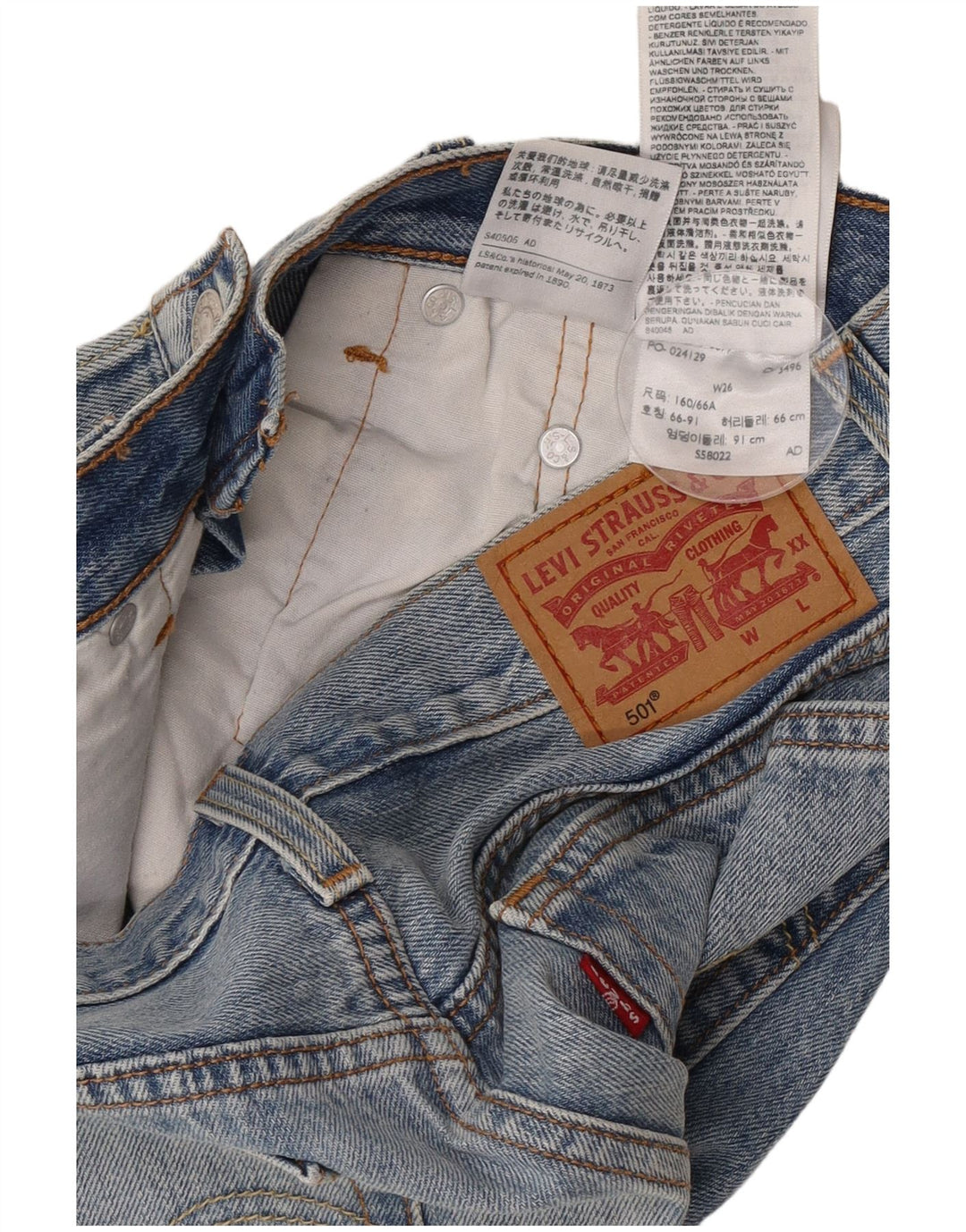 Shorts jeans feminino Levi's 501 desgastado W26 pequeno algodão azul