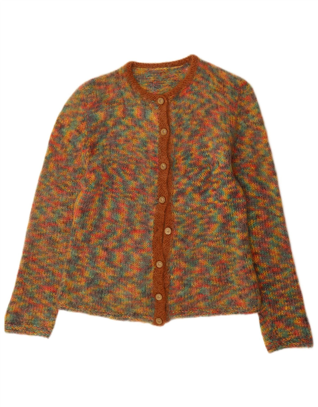 Suéter cardigã feminino vintage Reino Unido 12 médio multicolorido manchado