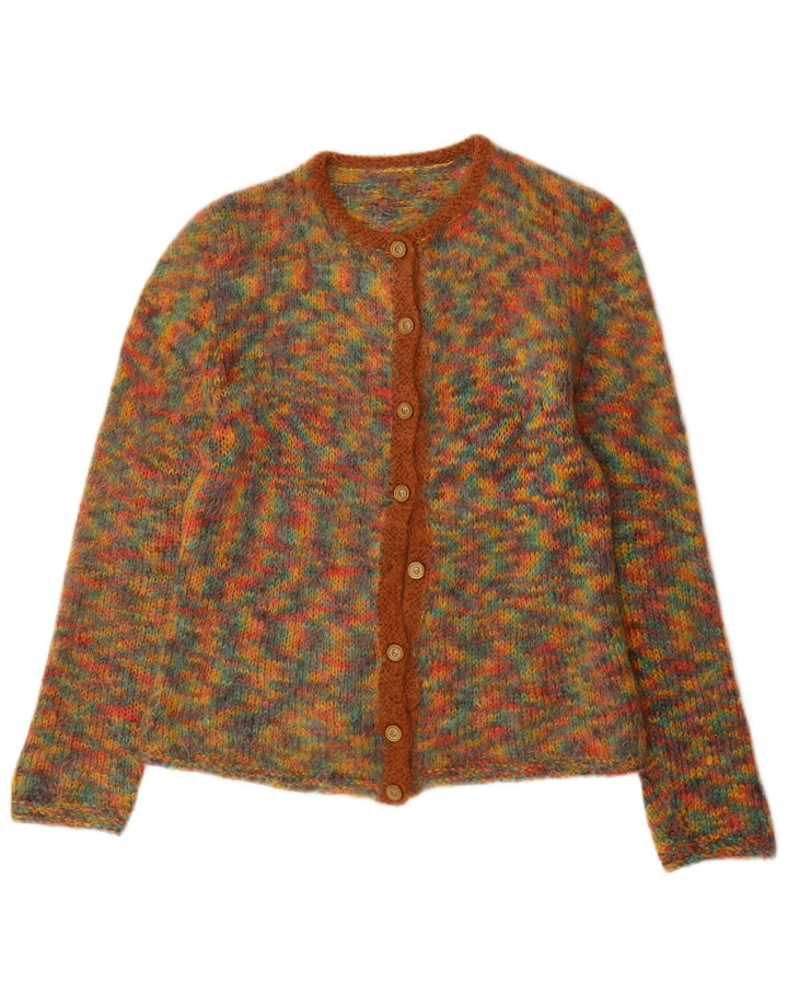 Suéter cardigã feminino vintage Reino Unido 12 médio multicolorido manchado