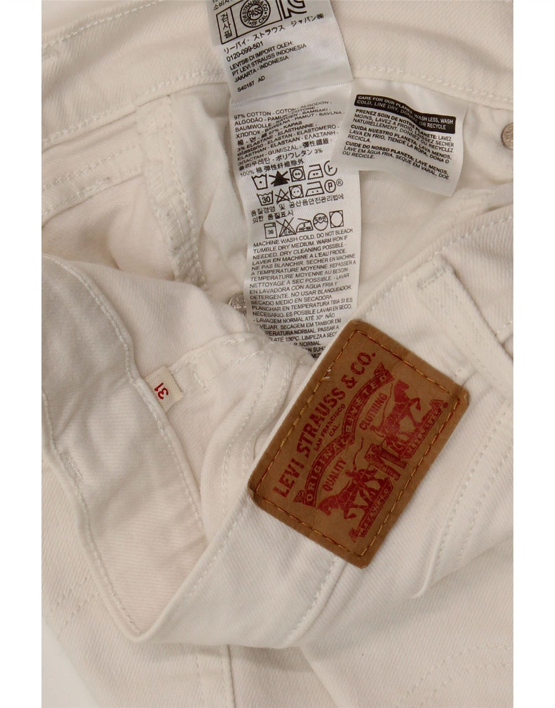 Shorts jeans femininos desgastados LEVI'S W31 grande algodão branco