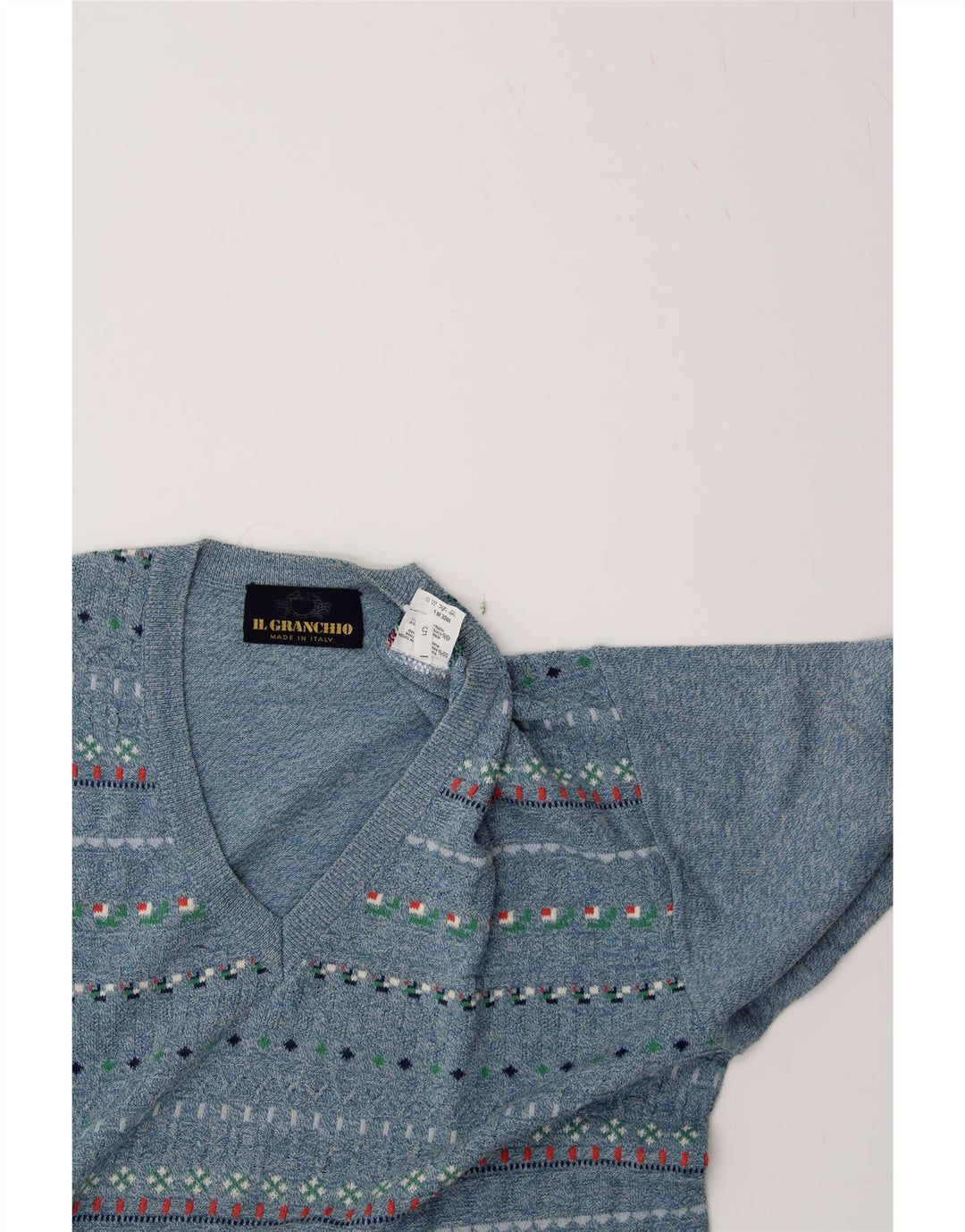 IL GRANCHIO Mens V-Neck Jumper Sweater Large Blue Fair Isle Cotton Vintage Il Granchio and Second-Hand Il Granchio from Messina Hembry 