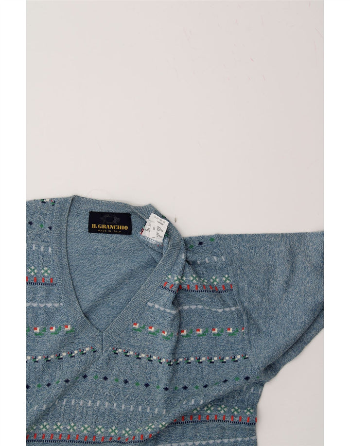 IL GRANCHIO Mens V-Neck Jumper Sweater Large Blue Fair Isle Cotton Vintage Il Granchio and Second-Hand Il Granchio from Messina Hembry 