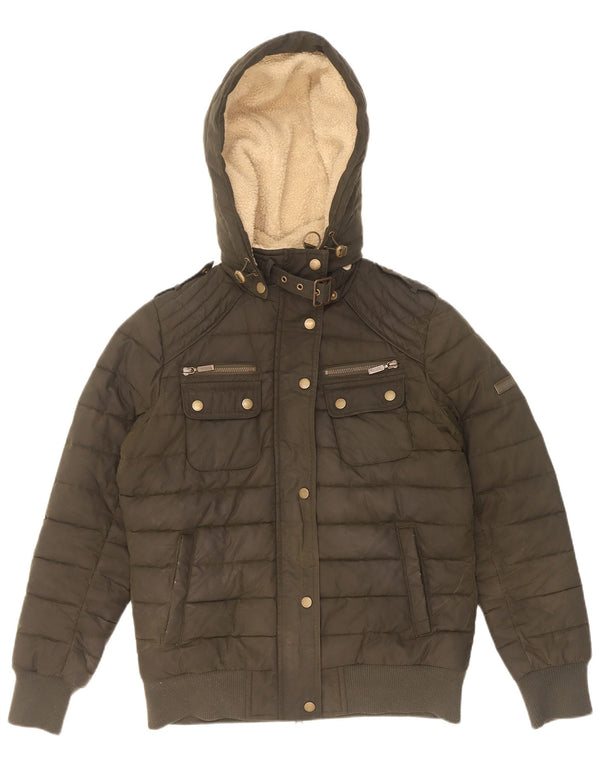 Jaqueta feminina acolchoada de algodão encerado com capuz Barbour UK 12 médio cáqui