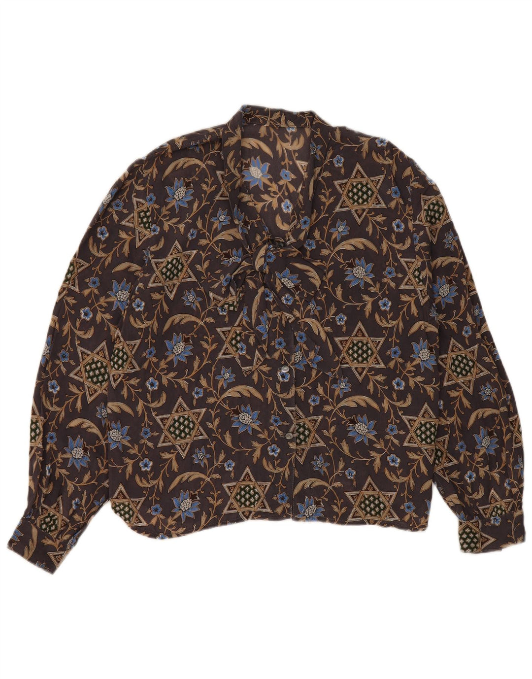 Blusa feminina vintage UK 12 marrom médio floral