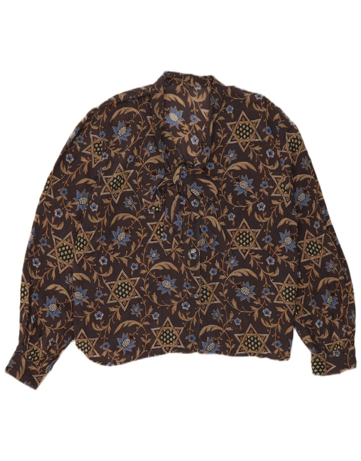 Blusa feminina vintage UK 12 marrom médio floral