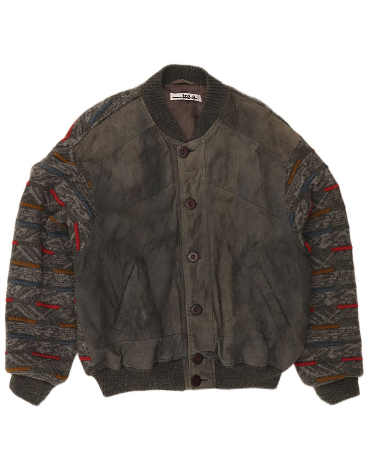 Jaqueta bomber masculina vintage grande cinza geométrica