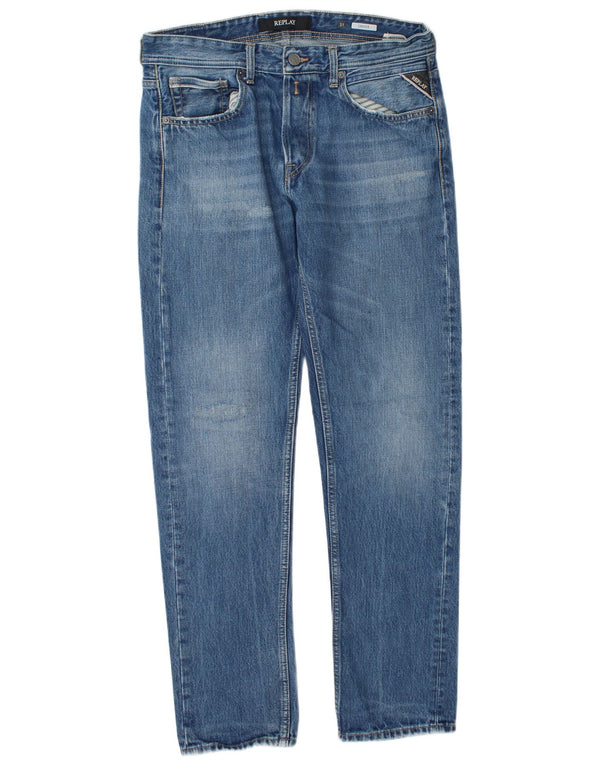 Replay Mens Grover Distressed Slim Jeans W31 L32 Azul Algodão