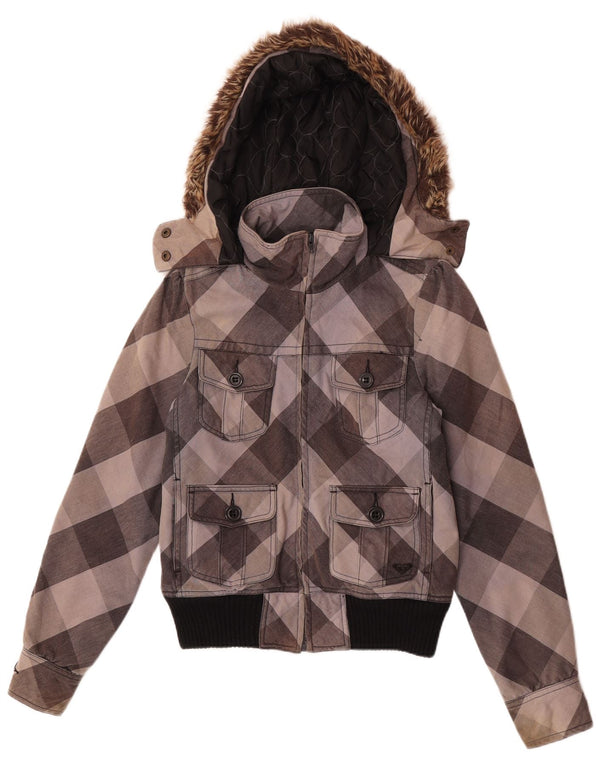 Jaqueta bomber com capuz feminino Roxy UK 10 pequeno algodão xadrez cinza