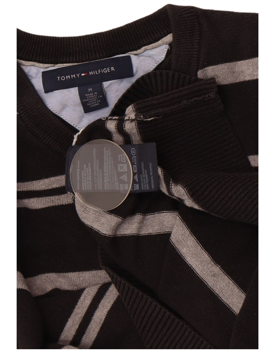 Suéter masculino Tommy Hilfiger com decote em V médio listrado preto de algodão