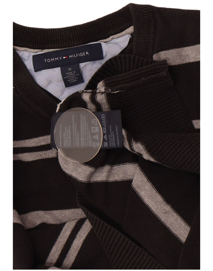 Suéter masculino Tommy Hilfiger com decote em V médio listrado preto de algodão