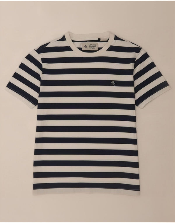 Penguin Womens T-Shirt Top UK 14 Medium Navy Blue Striped Cotton