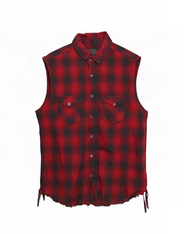 Zara Camisa masculina sem mangas de flanela regular fit médio xadrez vermelho