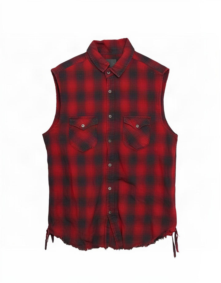 Zara Camisa masculina sem mangas de flanela regular fit médio xadrez vermelho