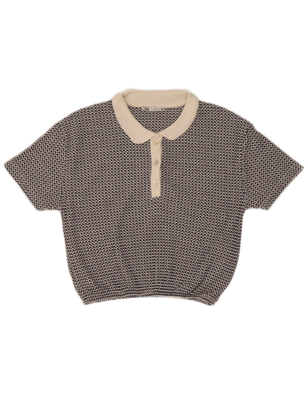 Camisa polo feminina Zara Reino Unido 10 poliéster geométrico azul pequeno
