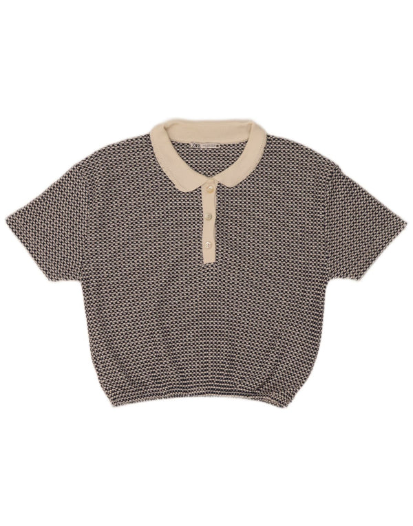 Camisa polo feminina Zara Reino Unido 10 poliéster geométrico azul pequeno