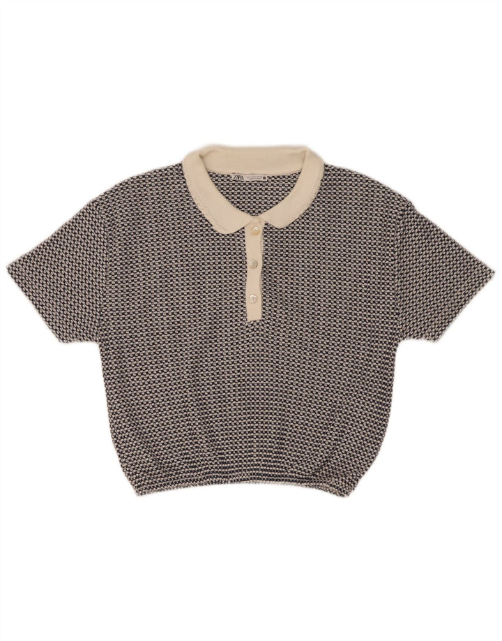 Camisa polo feminina Zara Reino Unido 10 poliéster geométrico azul pequeno