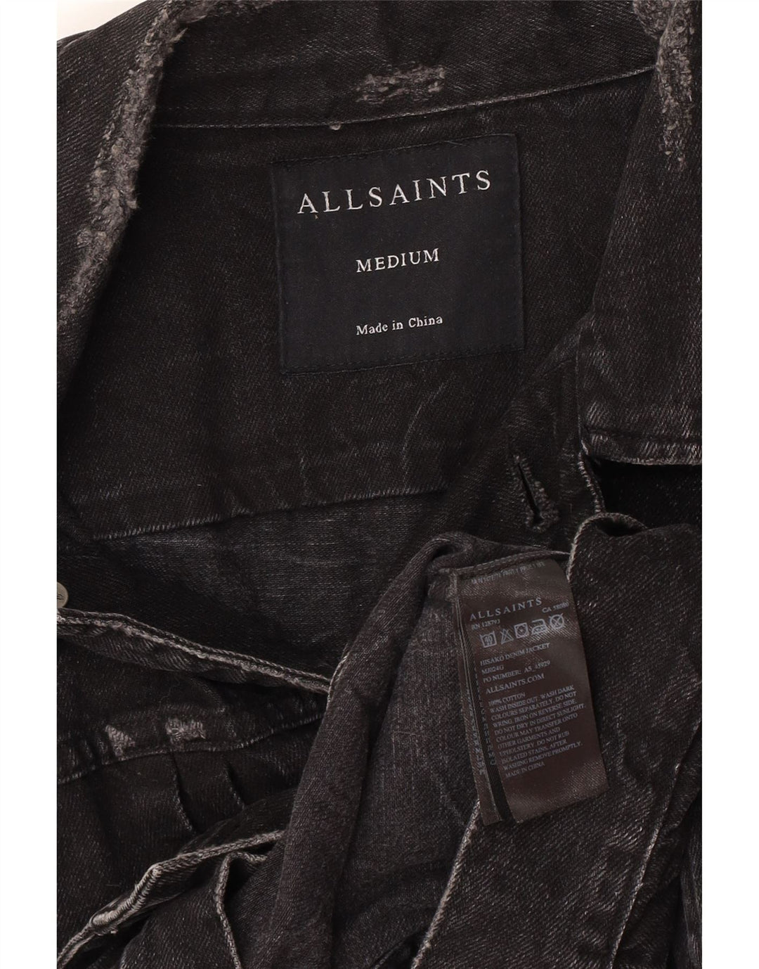 Jaqueta jeans masculina All Saints desgastada Reino Unido 38 algodão preto médio
