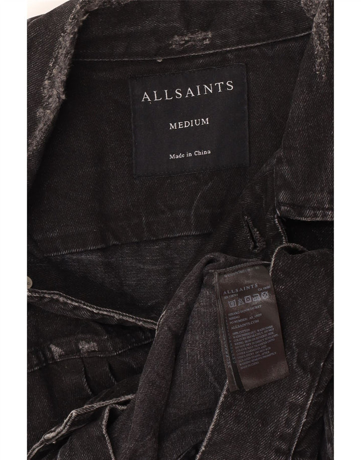 Jaqueta jeans masculina All Saints desgastada Reino Unido 38 algodão preto médio