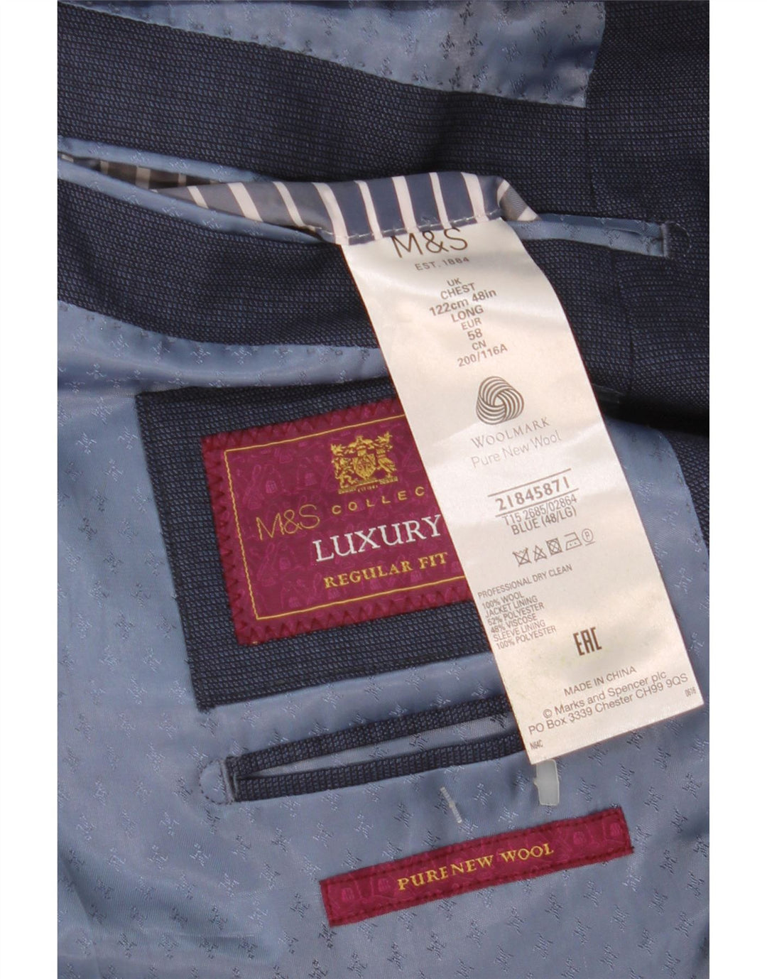 Jaqueta blazer masculina de ajuste regular de 2 botões Marks & Spencer Reino Unido 48 2XL azul marinho
