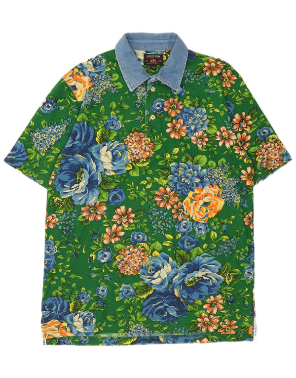 Jantzen Mens Rugby Polo Shirt 2XL Green Floral Cotton