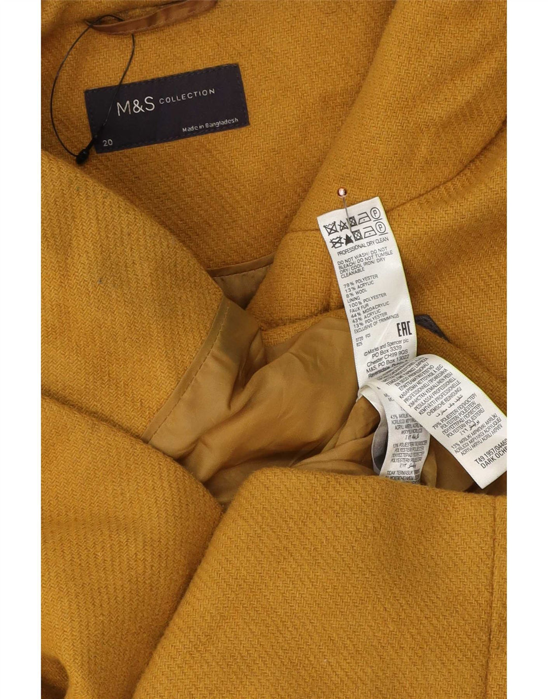 Casaco Duffle feminino com capuz Marks & Spencer UK 20 2XL poliéster amarelo