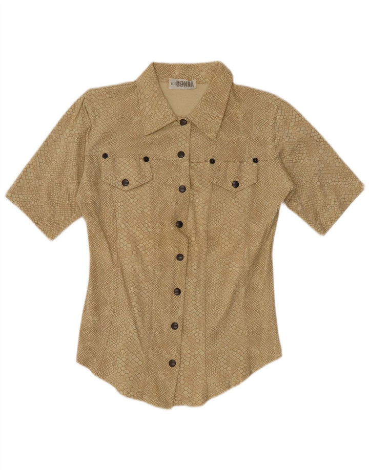 Camisa feminina VINTAGE com estampa abstrata UK 12 bege médio estampa animal