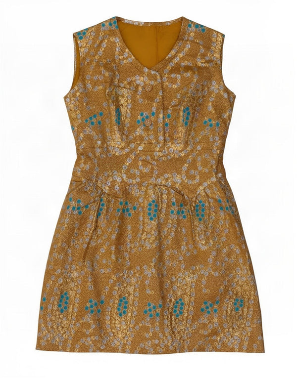 Vestido feminino vintage sem mangas evasê UK 12 Paisley amarelo médio
