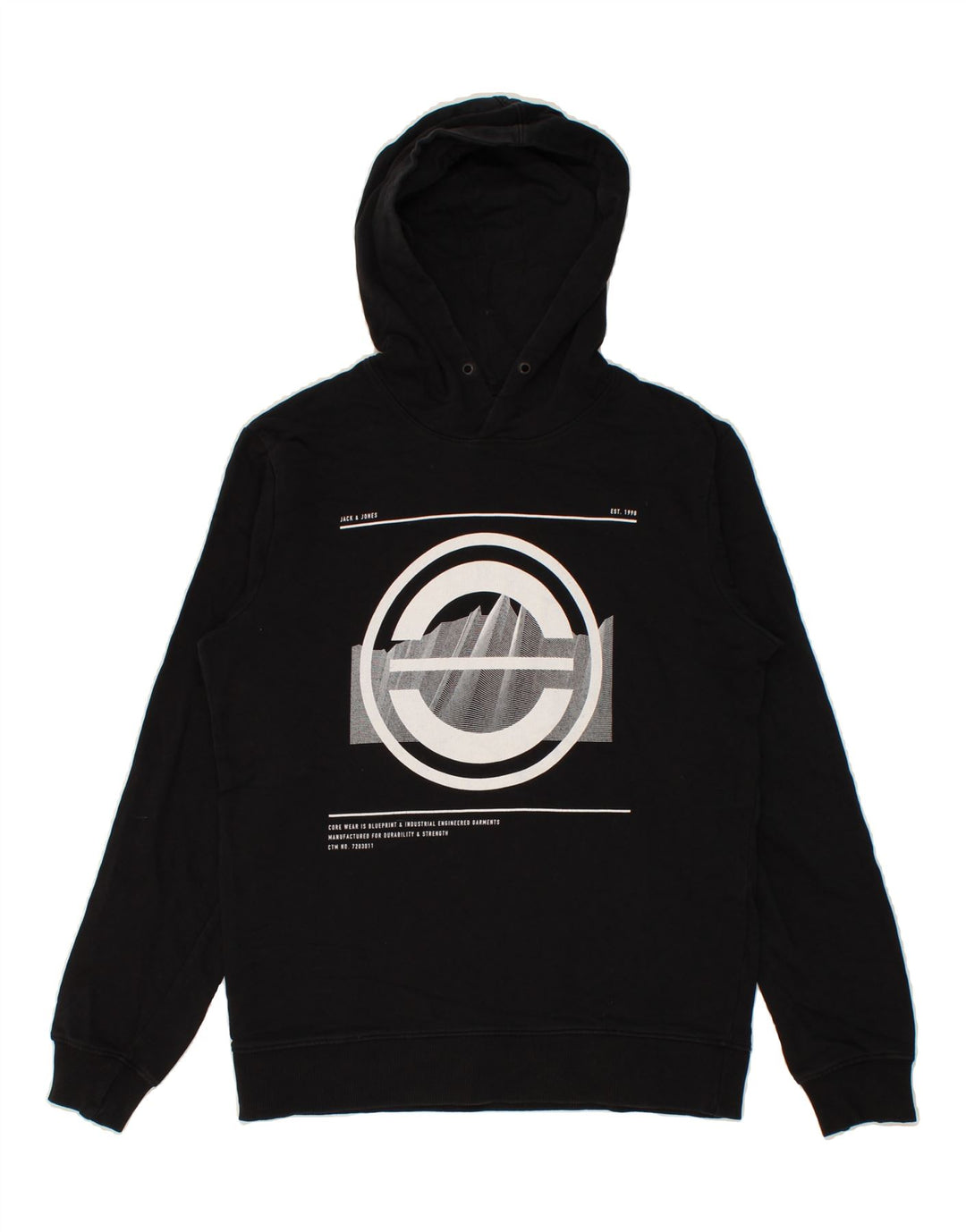 JACK & JONES Mens Graphic Hoodie Jumper Medium Black Cotton Vintage Jack & Jones and Second-Hand Jack & Jones from Messina Hembry 