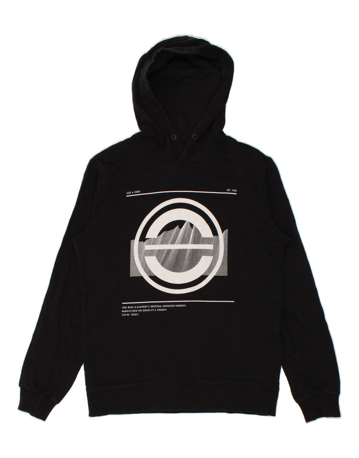 JACK & JONES Mens Graphic Hoodie Jumper Medium Black Cotton Vintage Jack & Jones and Second-Hand Jack & Jones from Messina Hembry 