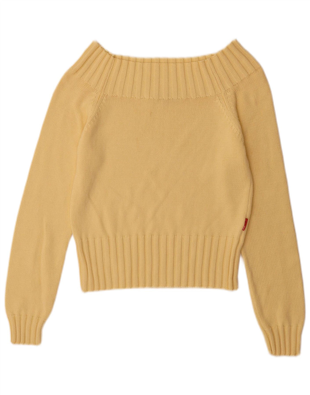 Suéter feminino vintage sem ombro Reino Unido 12 algodão amarelo médio