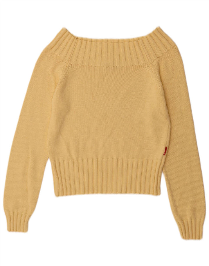 Suéter feminino vintage sem ombro Reino Unido 12 algodão amarelo médio
