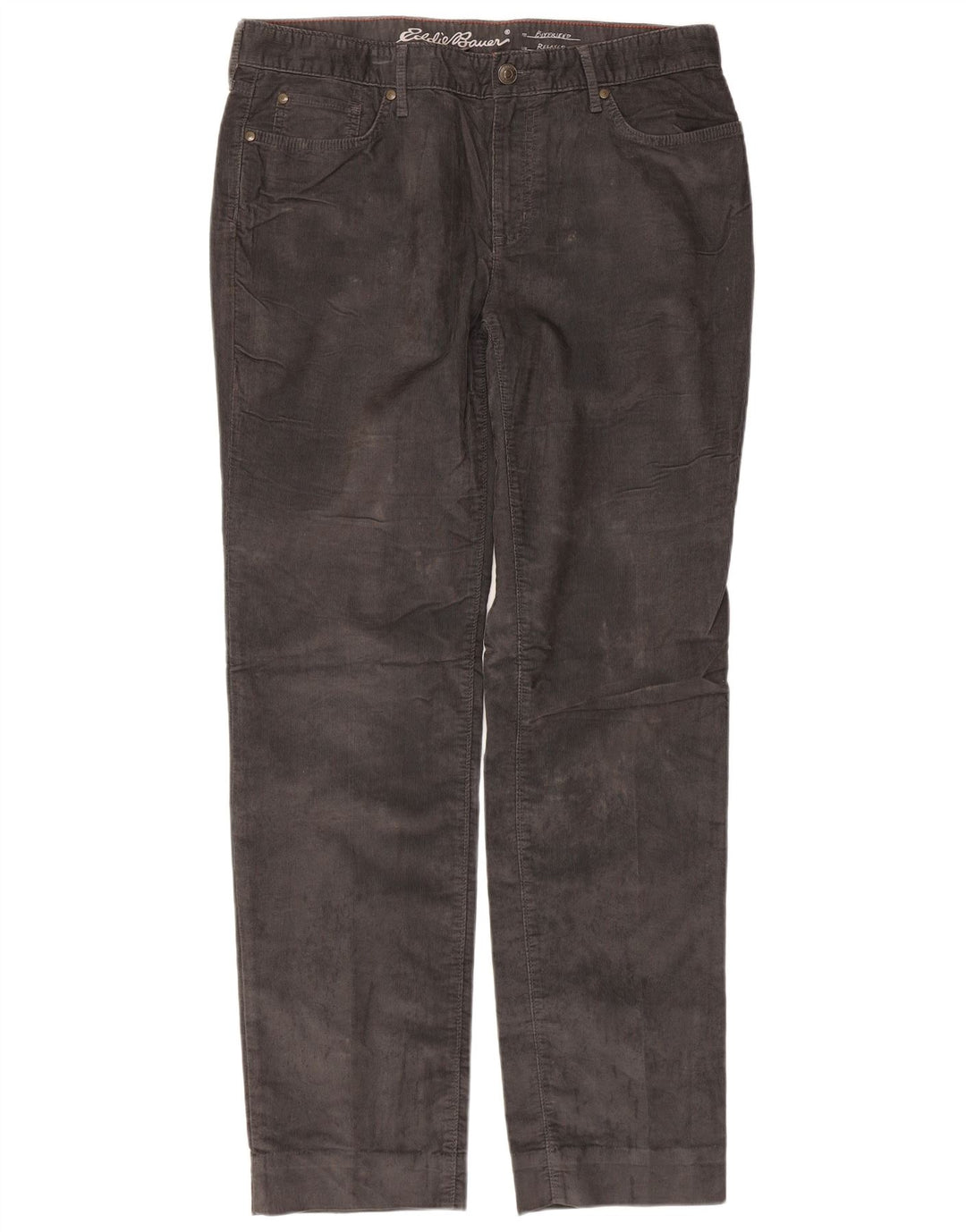 Calça feminina de veludo Eddie Bauer US 12 grande W36 L32 algodão cinza