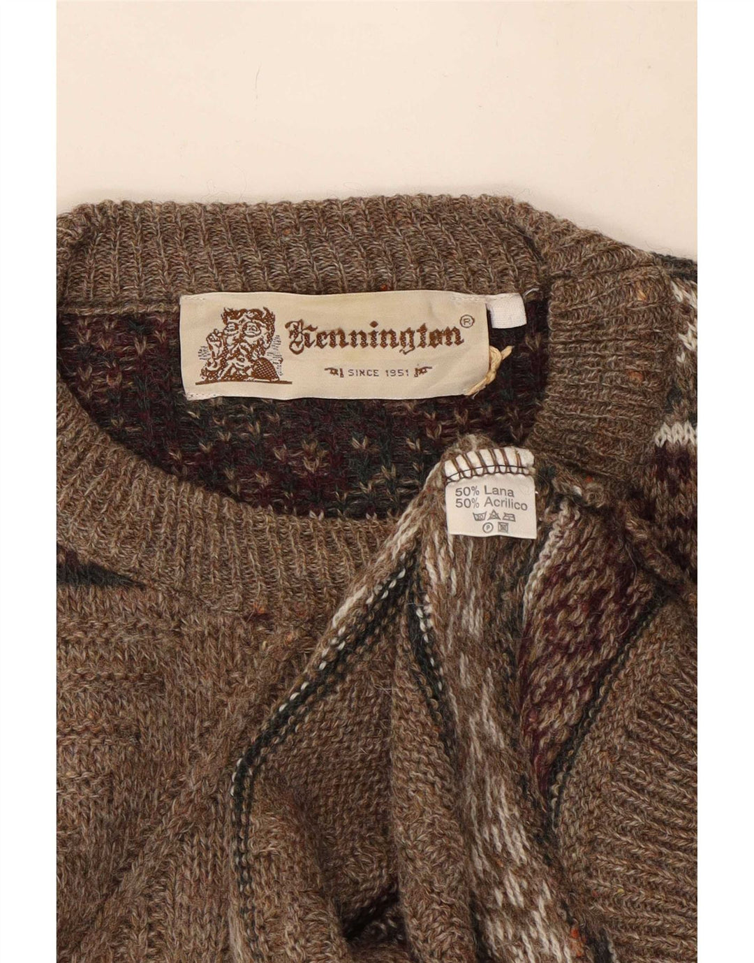 Suéter masculino Kennington com gola redonda, grande, marrom, lã Fair Isle