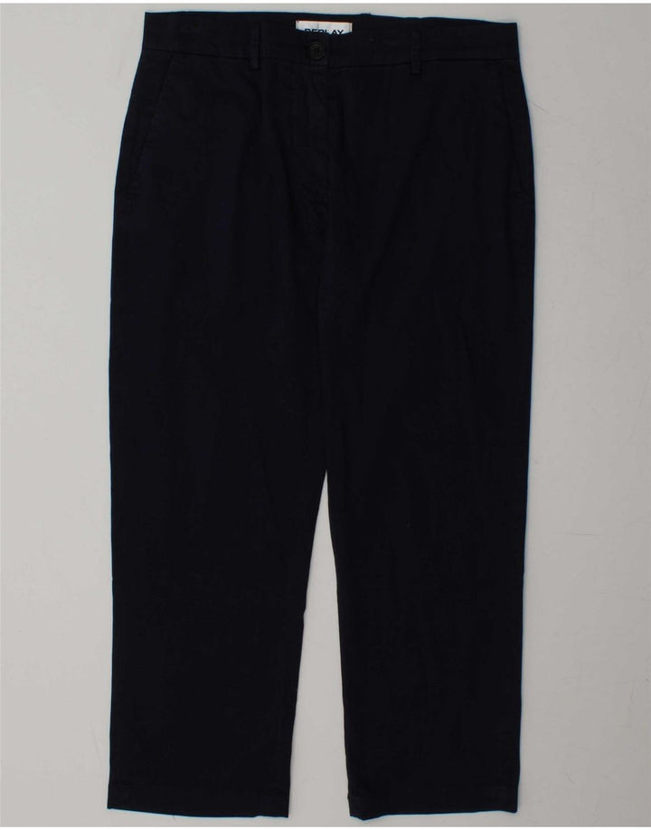 Calça feminina recortada reta REPLAY W28 L25 algodão azul marinho