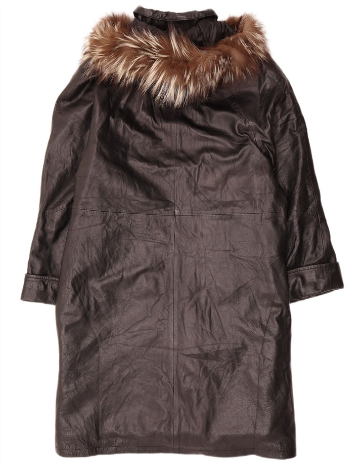 Casaco feminino de couro com capuz grande VINTAGE Reino Unido 14 couro preto médio