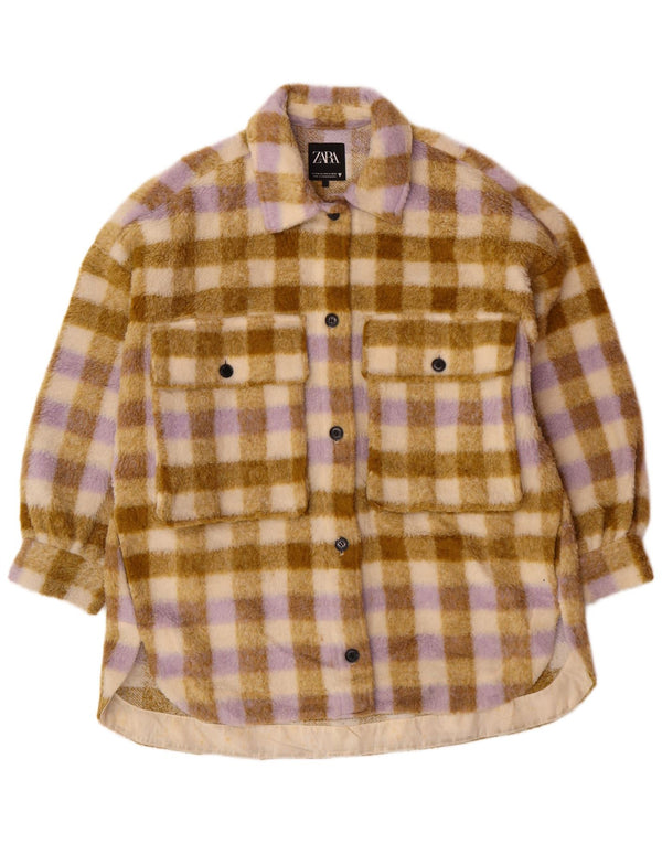 Zara Womens Oversized Fleece Jacket UK 10 Pequeno Bege Xadrez Poliéster