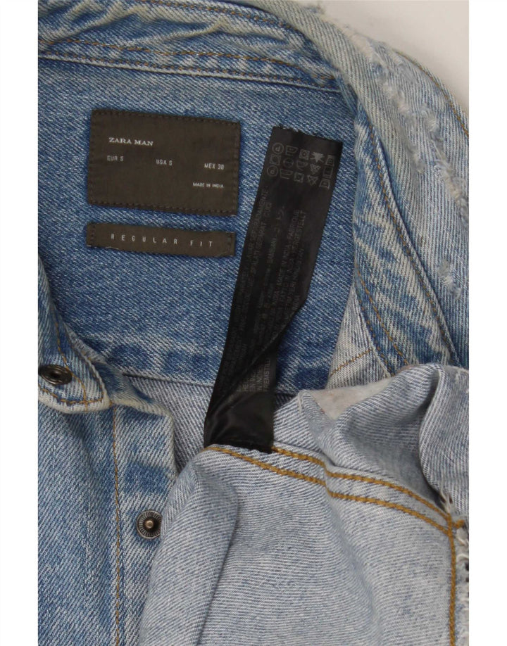 Camisa jeans masculina Zara com ajuste regular desgastado pequeno azul algodão