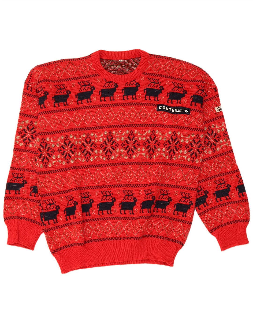 Suéter vintage masculino com gola redonda, grande lã vermelha Fair Isle