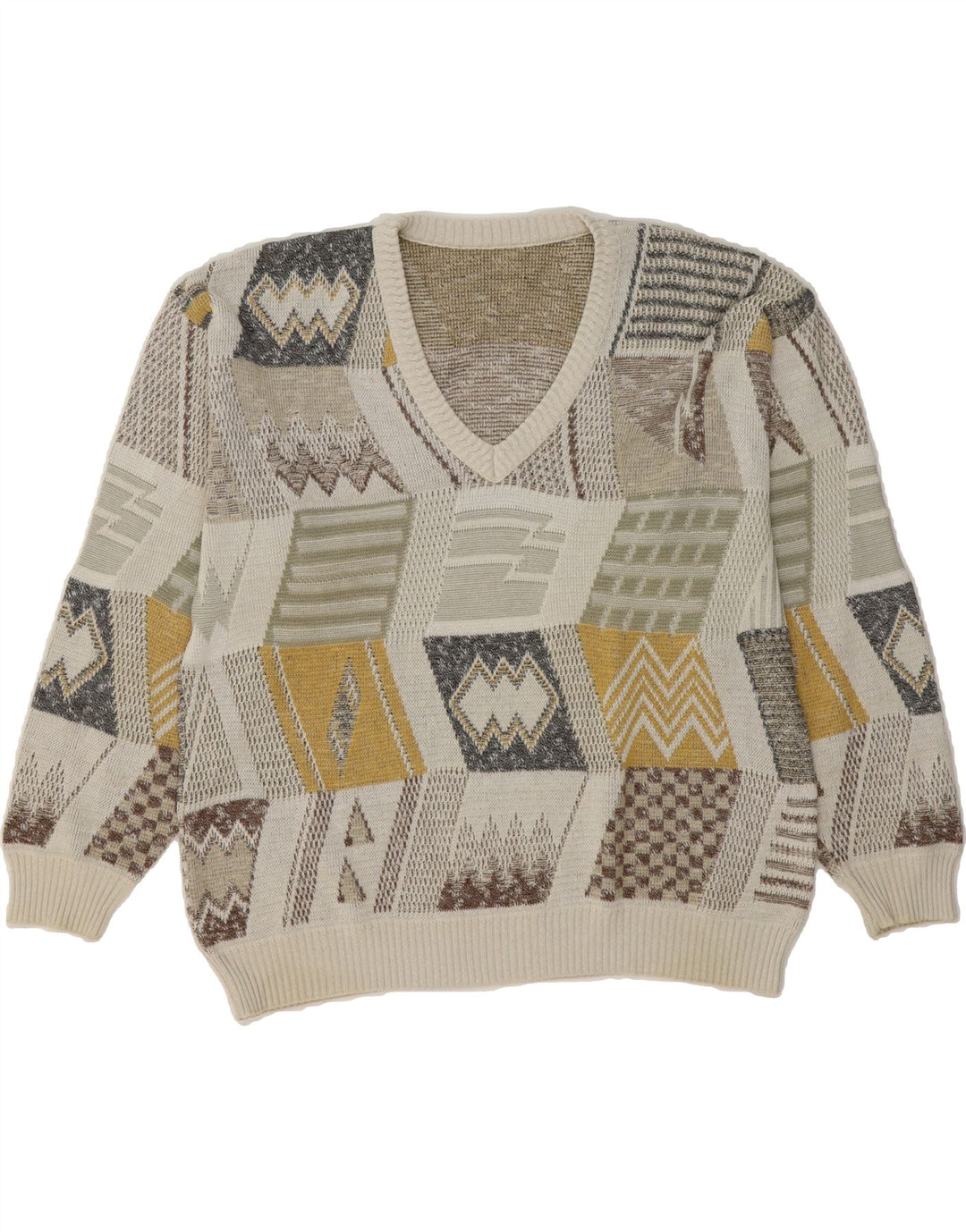 VINTAGE Mens V-Neck Jumper Sweater IT 50 Medium Beige Geometric Cotton Vintage Vintage and Second-Hand Vintage from Messina Hembry 