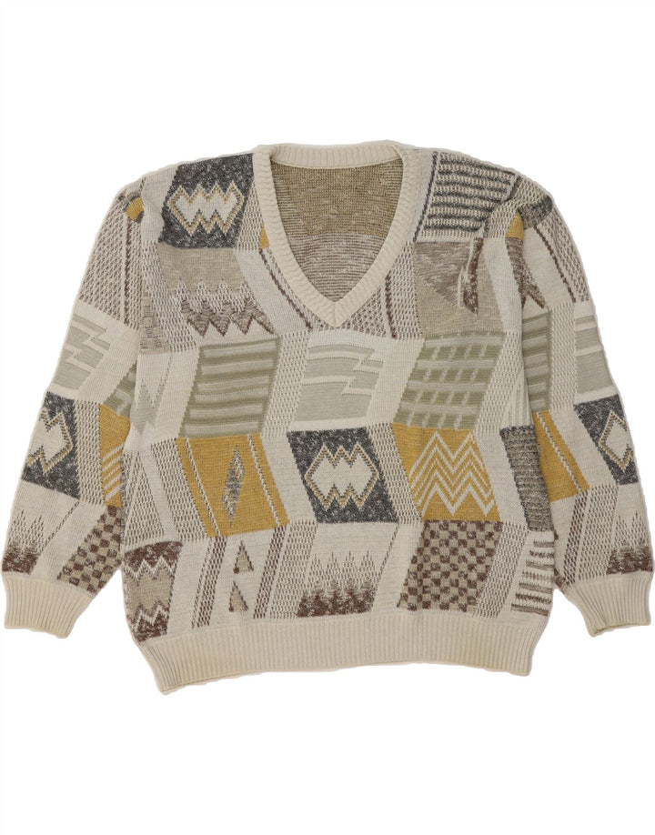 VINTAGE Mens V-Neck Jumper Sweater IT 50 Medium Beige Geometric Cotton Vintage Vintage and Second-Hand Vintage from Messina Hembry 