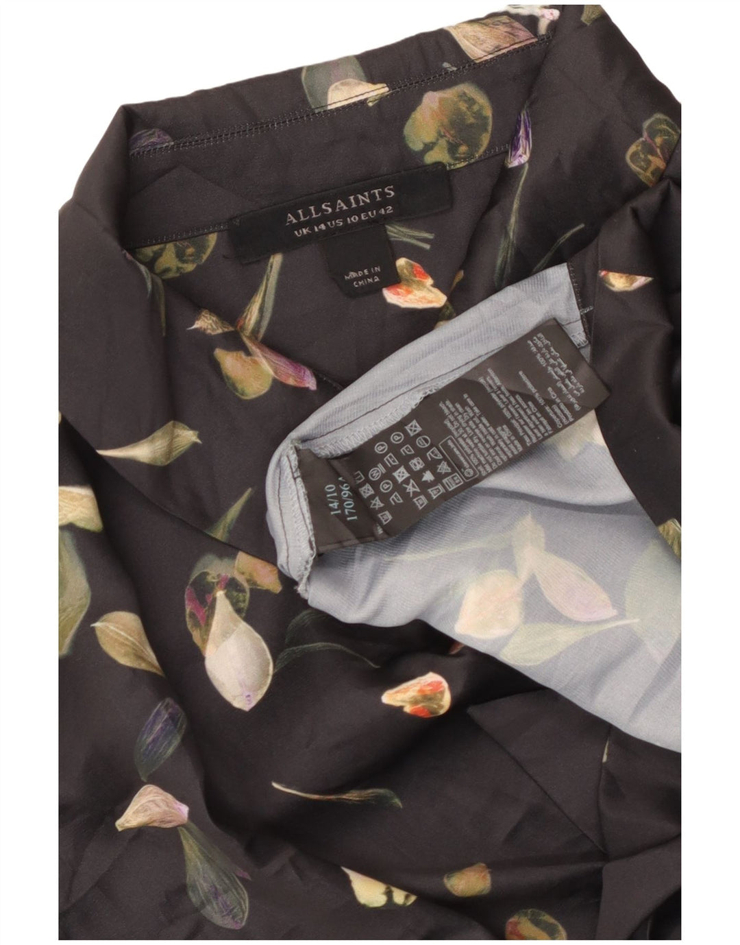 Blusa feminina ALL SAINTS com gravata frontal e gravata Reino Unido 14 grande preta floral