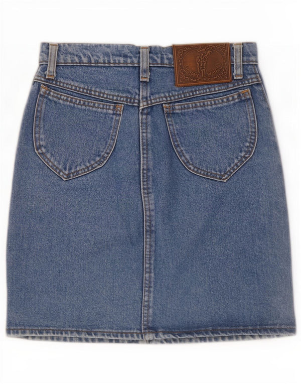 Saia jeans feminina vintage de cintura alta W26 algodão azul pequeno