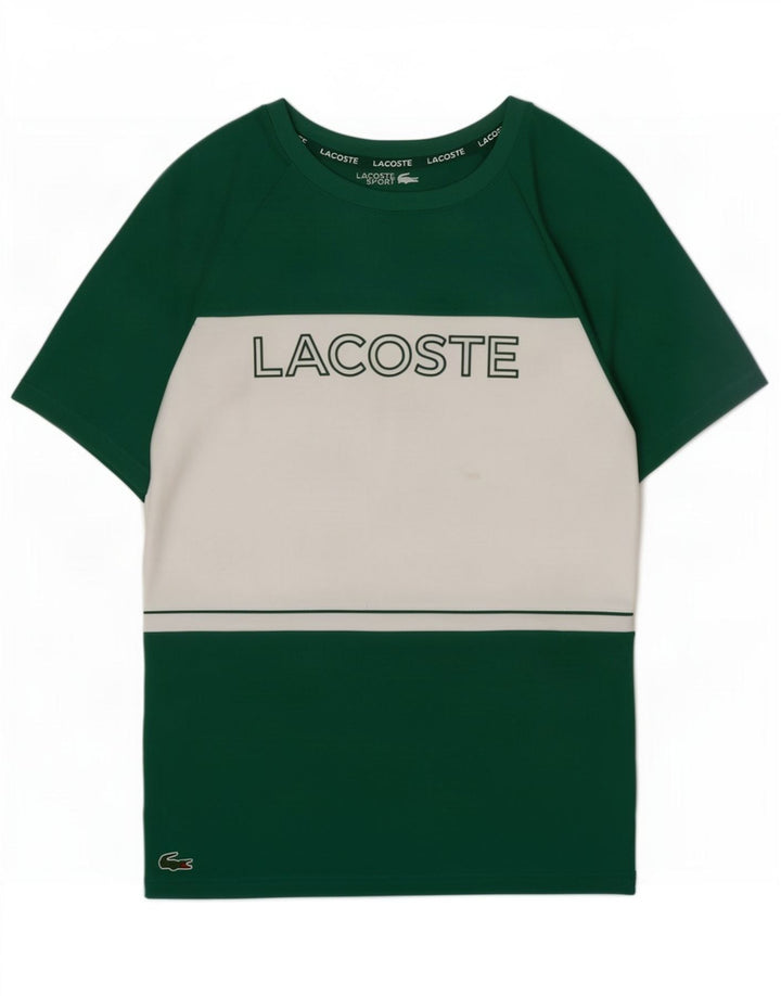 Camiseta gráfica masculina Lacoste tamanho superior 3 pequeno verde colorblock poliéster