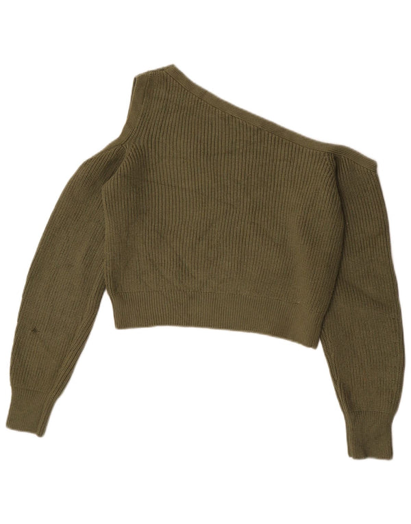 Zara Suéter feminino cropped com um ombro e gola canoa Reino Unido 12 médio cáqui