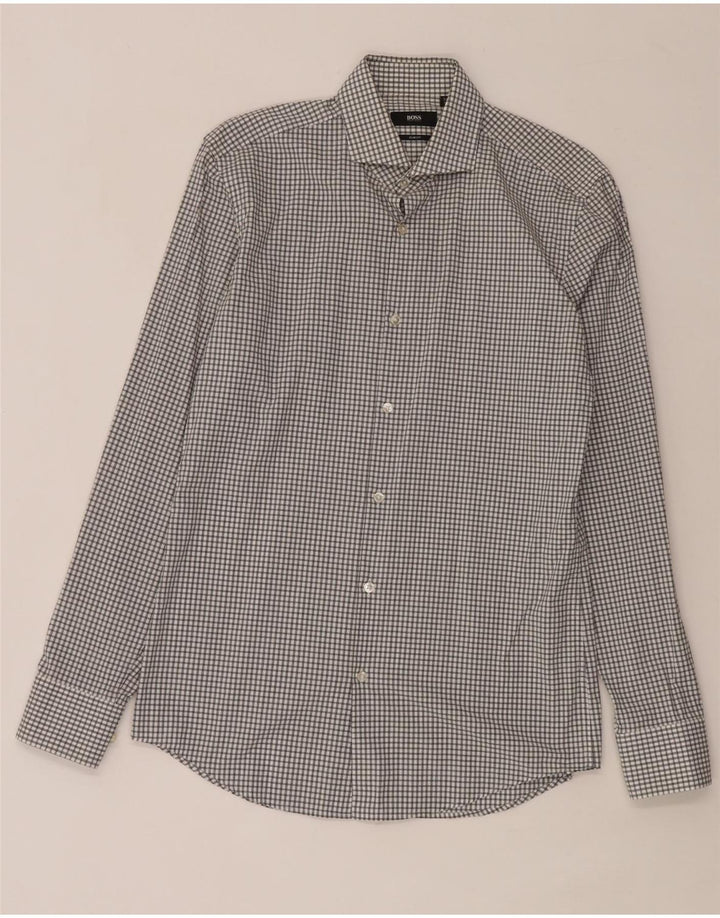 Camisa masculina Hugo Boss Slim Fit tamanho 38 15 xadrez branco médio