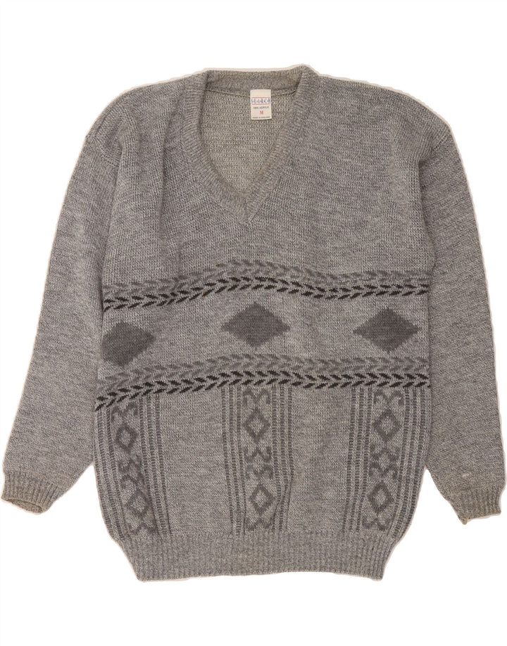 VINTAGE Mens V-Neck Jumper Sweater Medium Grey Argyle/Diamond Acrylic Vintage Vintage and Second-Hand Vintage from Messina Hembry 