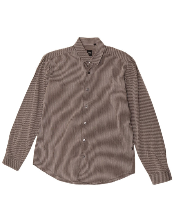 Camisa masculina Hugo Boss Slim Fit cinza médio risca de giz algodão