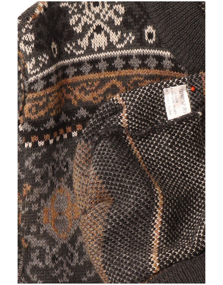 Suéter cardigã masculino vintage grande lã Fair Isle cinza